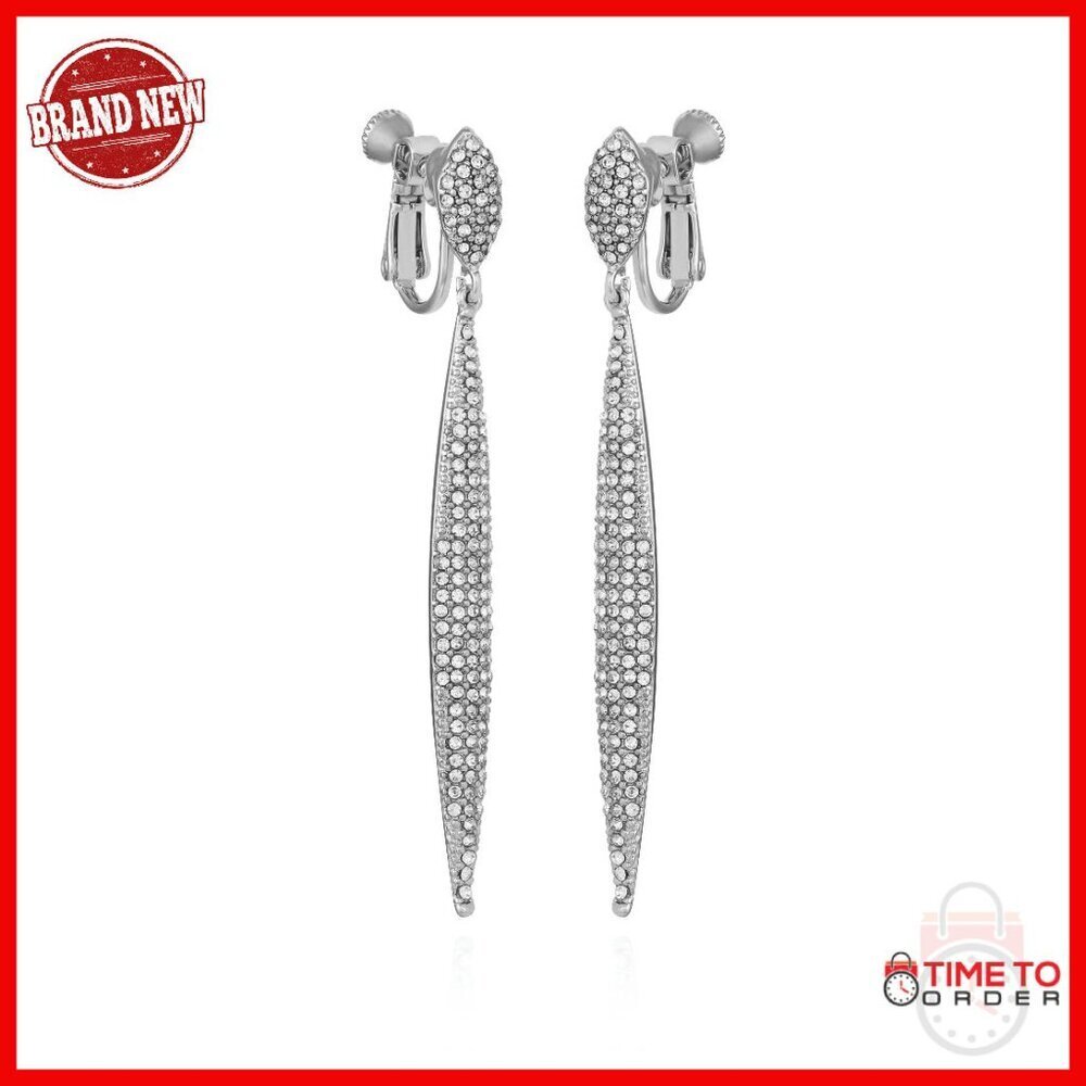 Silver-Tone Crystal Glass Stone Spear Drop Clip-On Earrings 2.7"